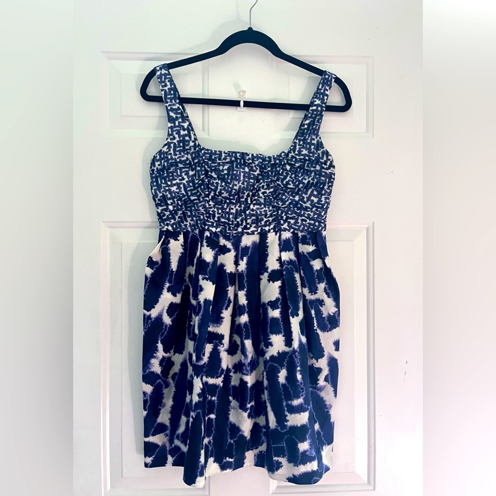 Bb Dakota Silky Watercolor Dress Blue White Square Neckline